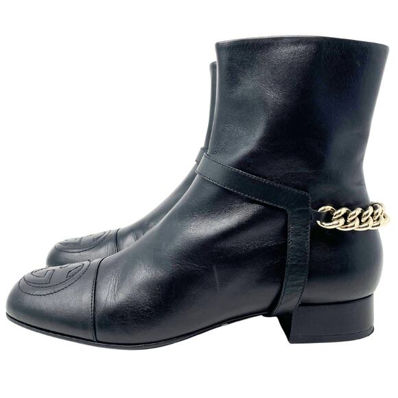 Gucci Boots GG Logo Monogram Western Chain Black Leather Ankle Booties Shoes 39 - Picture 3 of 13